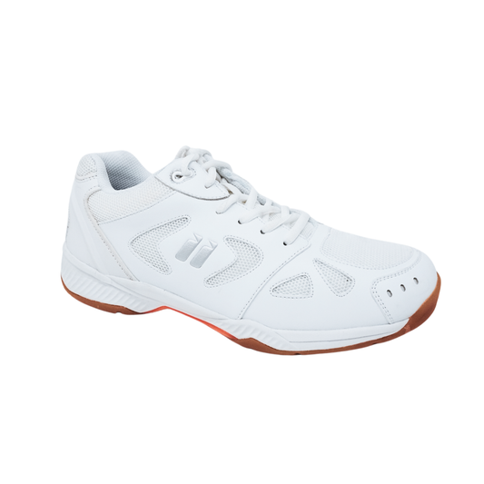 A white athletic shoe with a textured mesh and synthetic upper, white laces, and a brown outsole, shown from a side profile on a white background.